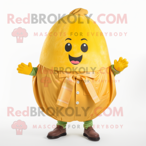 Gold Melon mascot costume character dressed with a Poplin Shirt and Mittens