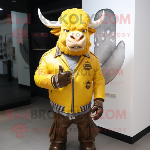 Yellow Beef Stroganoff mascot costume character dressed with a Moto Jacket and Shawl pins