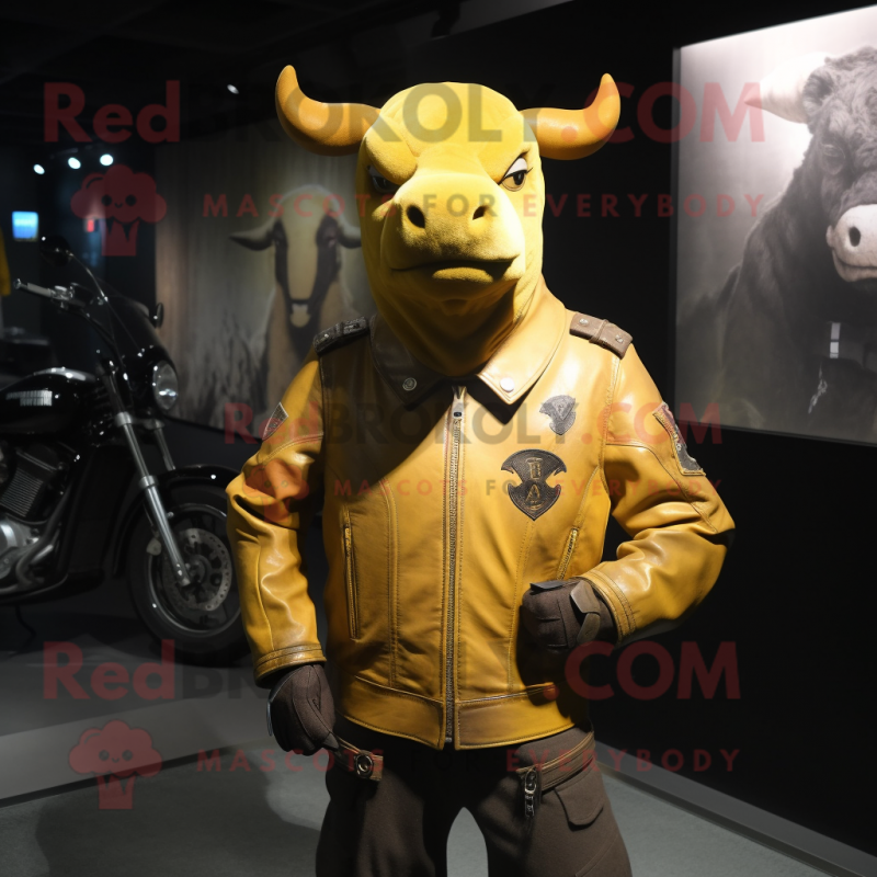 Yellow Beef Stroganoff mascot costume character dressed with a Moto Jacket and Shawl pins Yellow Beef Stroganoff mascot costume character dressed with a Moto Jacket and Shawl pins