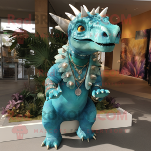 Turquoise Triceratops mascot costume character dressed with a Coat and Necklaces