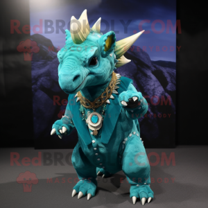 Turquoise Triceratops mascot costume character dressed with a Coat and Necklaces