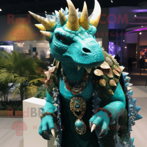 Turquoise Triceratops mascot costume character dressed with a Coat and Necklaces