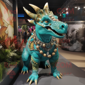 Turquoise Triceratops mascot costume character dressed with a Coat and Necklaces