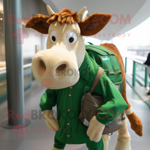 Green Guernsey Cow mascot costume character dressed with a Poplin Shirt and Backpacks