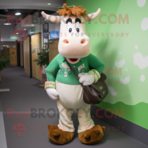 Green Guernsey Cow mascot costume character dressed with a Poplin Shirt and Backpacks