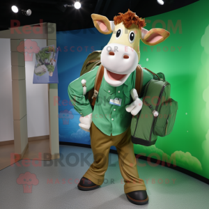 Green Guernsey Cow mascot costume character dressed with a Poplin Shirt and Backpacks