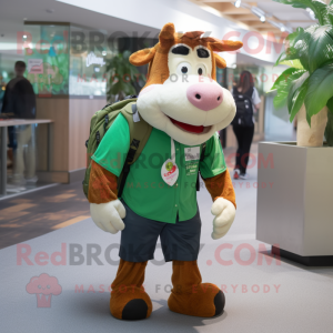 Green Guernsey Cow mascot costume character dressed with a Poplin Shirt and Backpacks