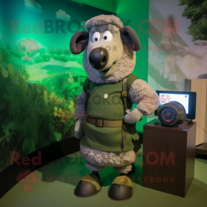 Olive Suffolk Sheep mascot costume character dressed with a Wrap Skirt and Digital watches