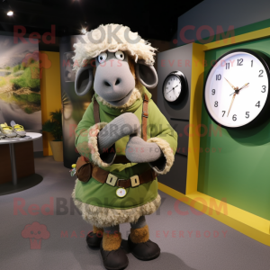 Olive Suffolk Sheep mascot costume character dressed with a Wrap Skirt and Digital watches