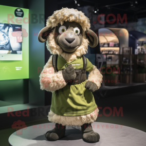 Olive Suffolk Sheep mascot costume character dressed with a Wrap Skirt and Digital watches