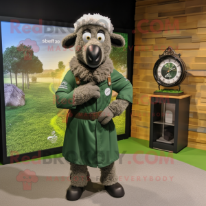 Olive Suffolk Sheep mascot costume character dressed with a Wrap Skirt and Digital watches