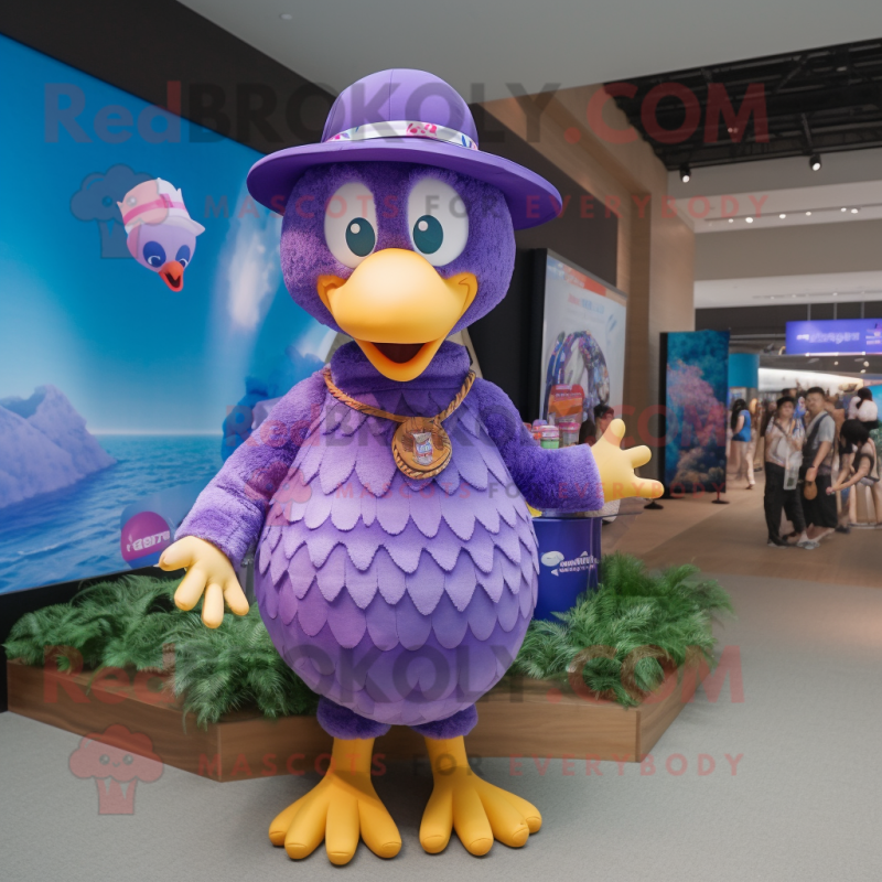 Lavender Turkey mascot costume character dressed with a One-Piece Swimsuit and Berets