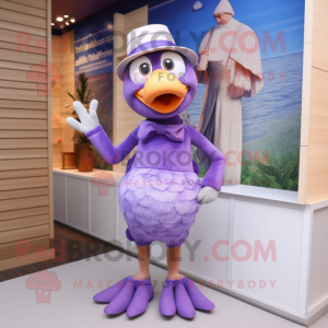 Lavender Turkey mascot costume character dressed with a One-Piece Swimsuit and Berets