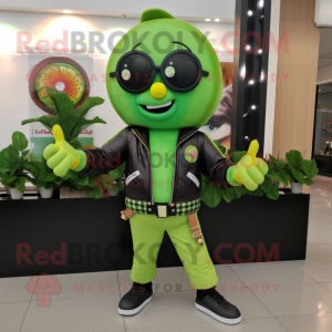Lime Green Watermelon mascot costume character dressed with a Leather Jacket and Bracelets