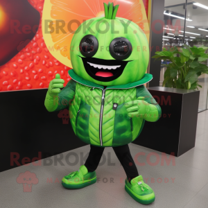 Lime Green Watermelon mascot costume character dressed with a Leather Jacket and Bracelets