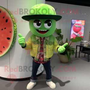 Lime Green Watermelon mascot costume character dressed with a Leather Jacket and Bracelets