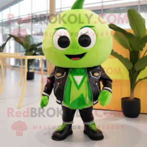 Lime Green Watermelon mascot costume character dressed with a Leather Jacket and Bracelets