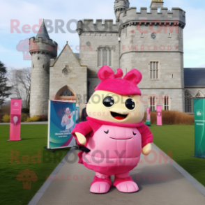 Pink Irish Castle mascot costume character dressed with a Windbreaker and Coin purses
