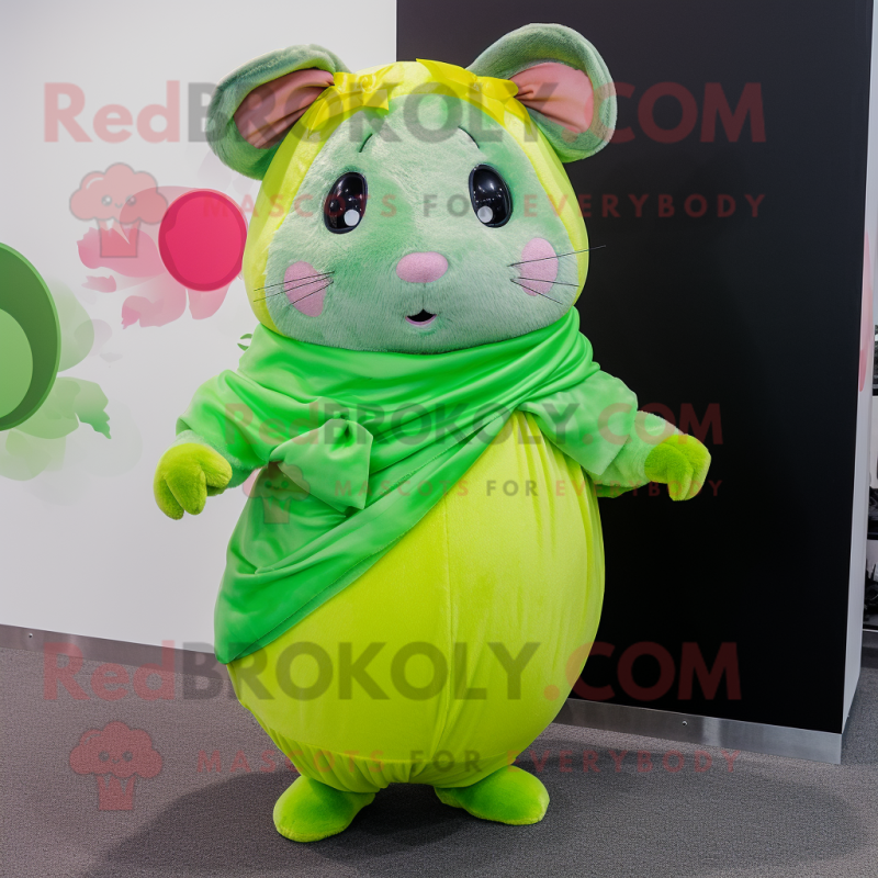 Lime Green Hamster mascot costume character dressed with a Midi Dress and Scarves