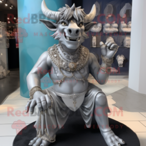 Silver Minotaur mascot costume character dressed with a Culottes and Necklaces