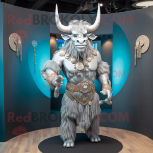 Silver Minotaur mascot costume character dressed with a Culottes and Necklaces
