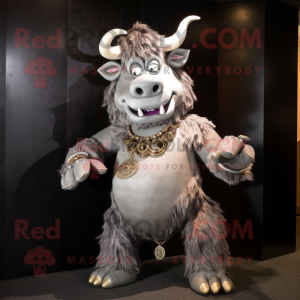 Silver Minotaur mascot costume character dressed with a Culottes and Necklaces