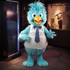 Cyan Chicken mascot costume character dressed with a Dress Pants and Tie pins