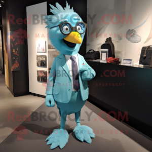 Cyan Chicken mascot costume character dressed with a Dress Pants and Tie pins