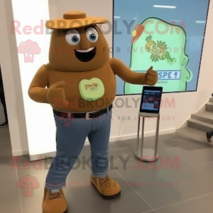 Brown Squash mascot costume character dressed with a Jeans and Smartwatches