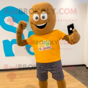 Brown Squash mascot costume character dressed with a Jeans and Smartwatches