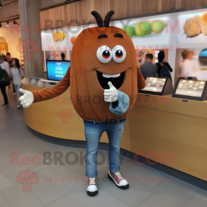 Brown Squash mascot costume character dressed with a Jeans and Smartwatches