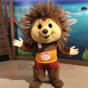 Brown Porcupine mascot costume character dressed with a Rash Guard and Headbands