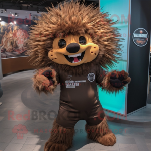 Brown Porcupine mascot costume character dressed with a Rash Guard and Headbands