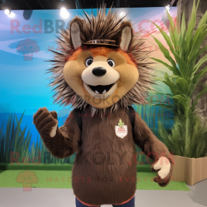 Brown Porcupine mascot costume character dressed with a Rash Guard and Headbands
