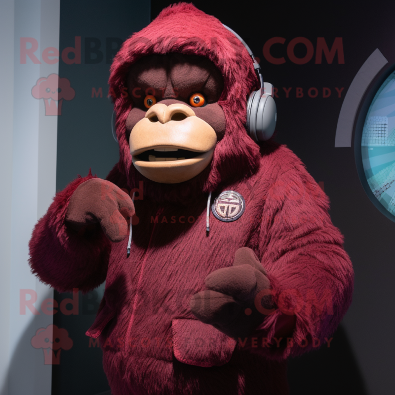 Maroon Gorilla mascot costume character dressed with a Sweater and Caps