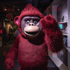 Maroon Gorilla mascot costume character dressed with a Sweater and Caps