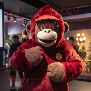 Maroon Gorilla mascot costume character dressed with a Sweater and Caps