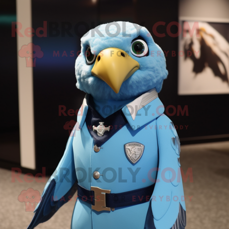 Sky Blue Falcon mascot costume character dressed with a Turtleneck and Tie pins