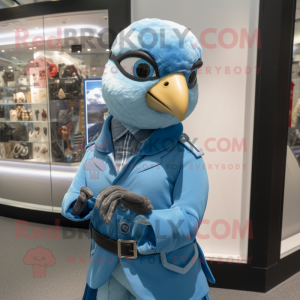 Sky Blue Falcon mascot costume character dressed with a Turtleneck and Tie pins