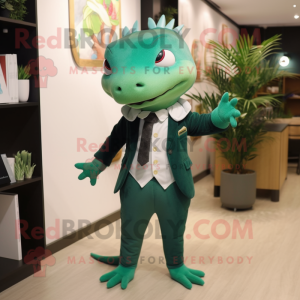 Forest Green Axolotls mascot costume character dressed with a Suit Jacket and Clutch bags