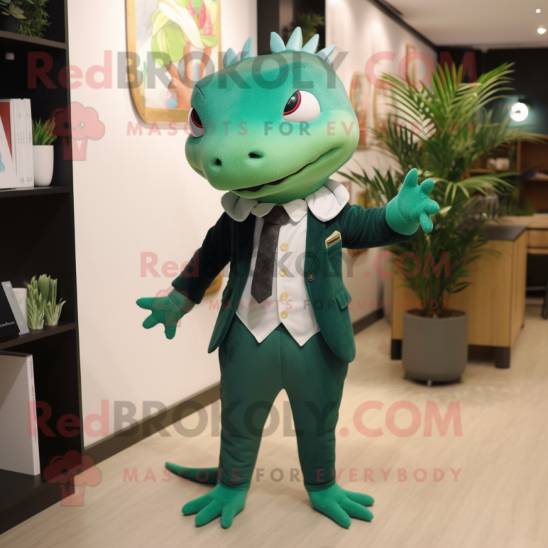 Forest Green Axolotls mascot costume character dressed with a Suit Jacket and Clutch bags Forest Green Axolotls mascot costume character dressed with a Suit Jacket and Clutch bags
