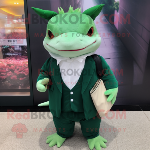 Forest Green Axolotls mascot costume character dressed with a Suit Jacket and Clutch bags