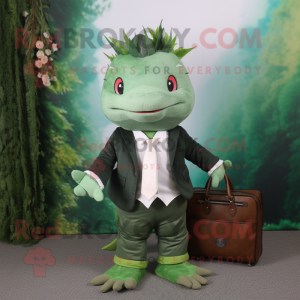 Forest Green Axolotls mascot costume character dressed with a Suit Jacket and Clutch bags