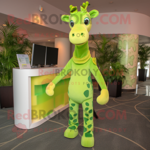 Lime Green Giraffe mascot costume character dressed with a Turtleneck and Headbands