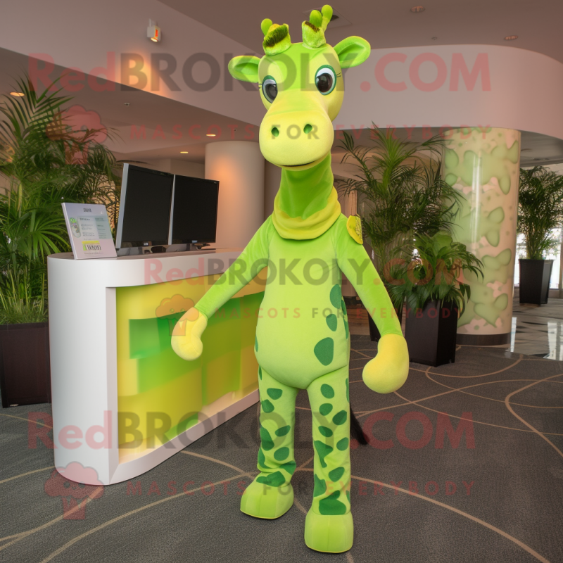 Lime Green Giraffe mascot costume character dressed with a Turtleneck and Headbands