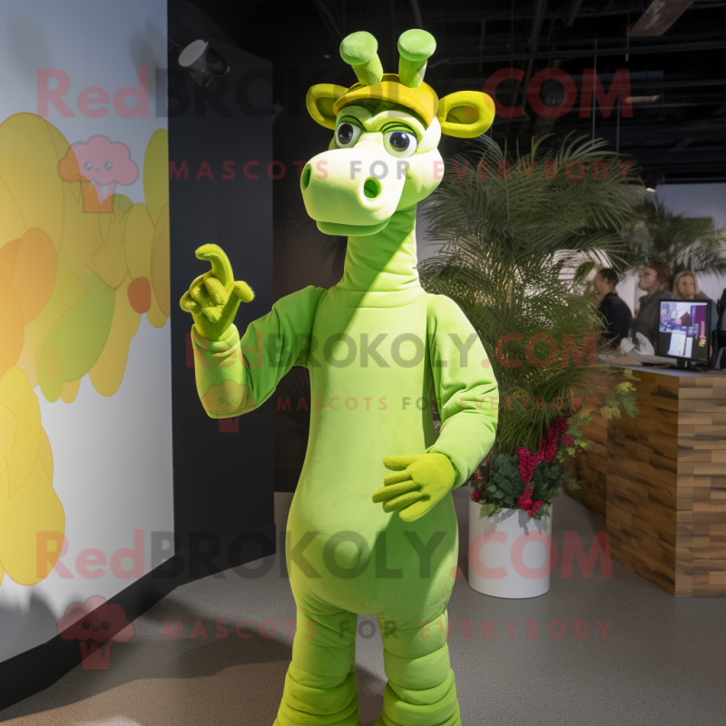 Lime Green Giraffe mascot costume character dressed with a Turtleneck and Headbands