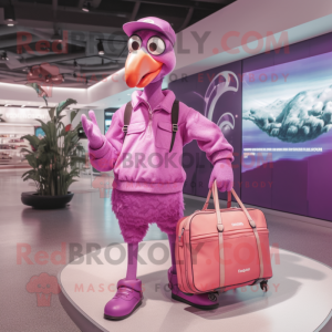 Purple Flamingo mascot costume character dressed with a Joggers and Handbags