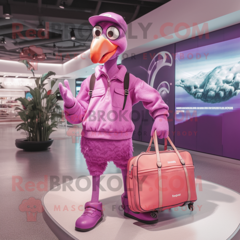 Purple Flamingo mascot costume character dressed with a Joggers and Handbags