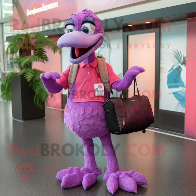 Purple Flamingo mascot costume character dressed with a Joggers and Handbags Purple Flamingo mascot costume character dressed with a Joggers and Handbags