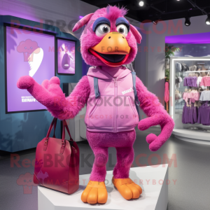 Purple Flamingo mascot costume character dressed with a Joggers and Handbags